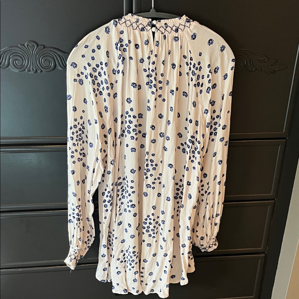 Free People - Cream Long Sleeve Smocked Yoke Tunic Blouse with Navy Floral Dots - Picture 7 of 9